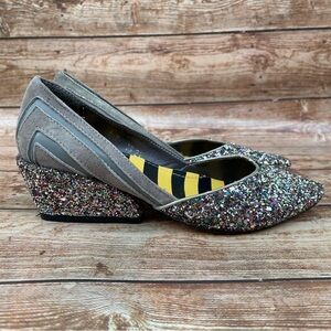 Glitter multicolor leather heels gray suede